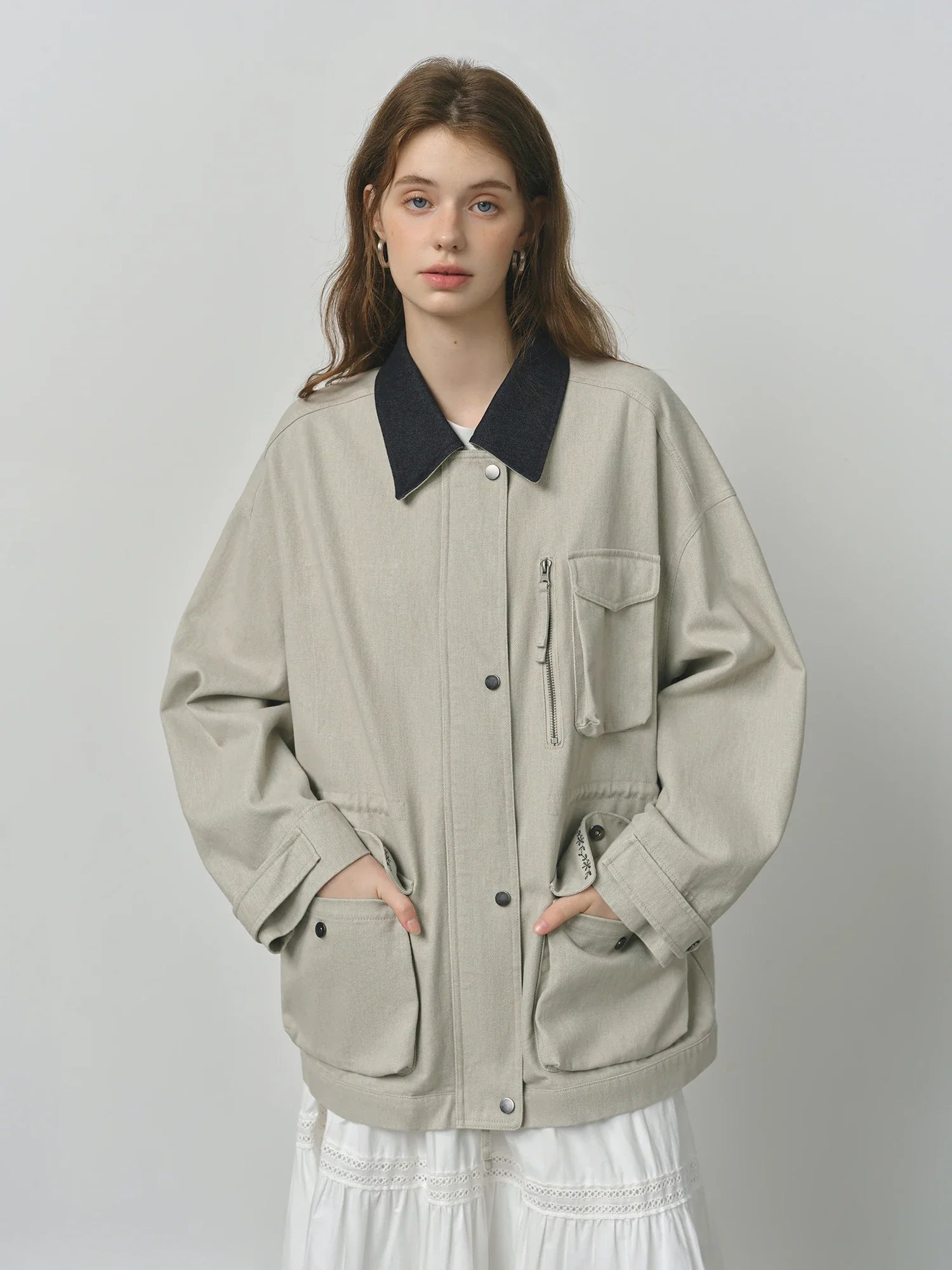 ​FSLE 2025 Women's Vintage Utility Jacket - Short Cropped Contrast Collar Autumn Casual Coat with Retro Design & Relaxed Fit​