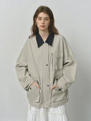 ​FSLE 2025 Women's Vintage Utility Jacket - Short Cropped Contrast Collar Autumn Casual Coat with Retro Design & Relaxed Fit​