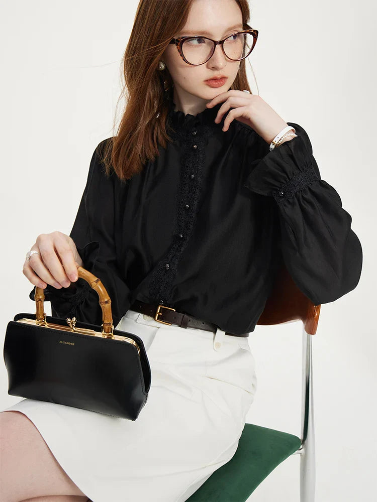 FSLE Women Stand Collar Temperament Shirts Autumn New Long Sleeve Shirt+Thin Vest Two Sets Puff Sleeve Black Blouses 24FS13190