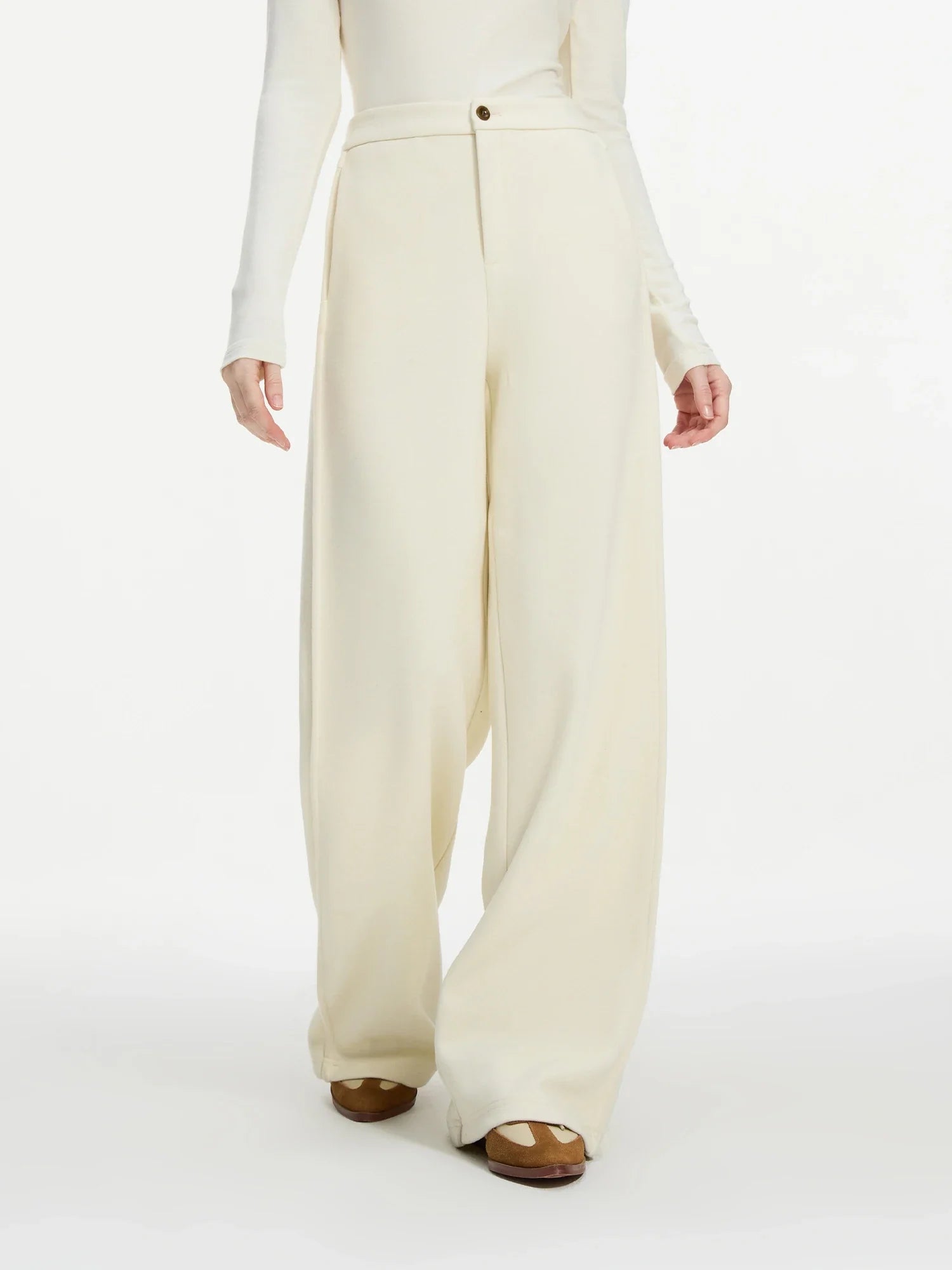 FSLE Women Winter Long Trouser Thick Straight Commuter Beige All-Match Pants 1.4% Wool 3.1% Acetate Women Thicken Pant 24FS14481
