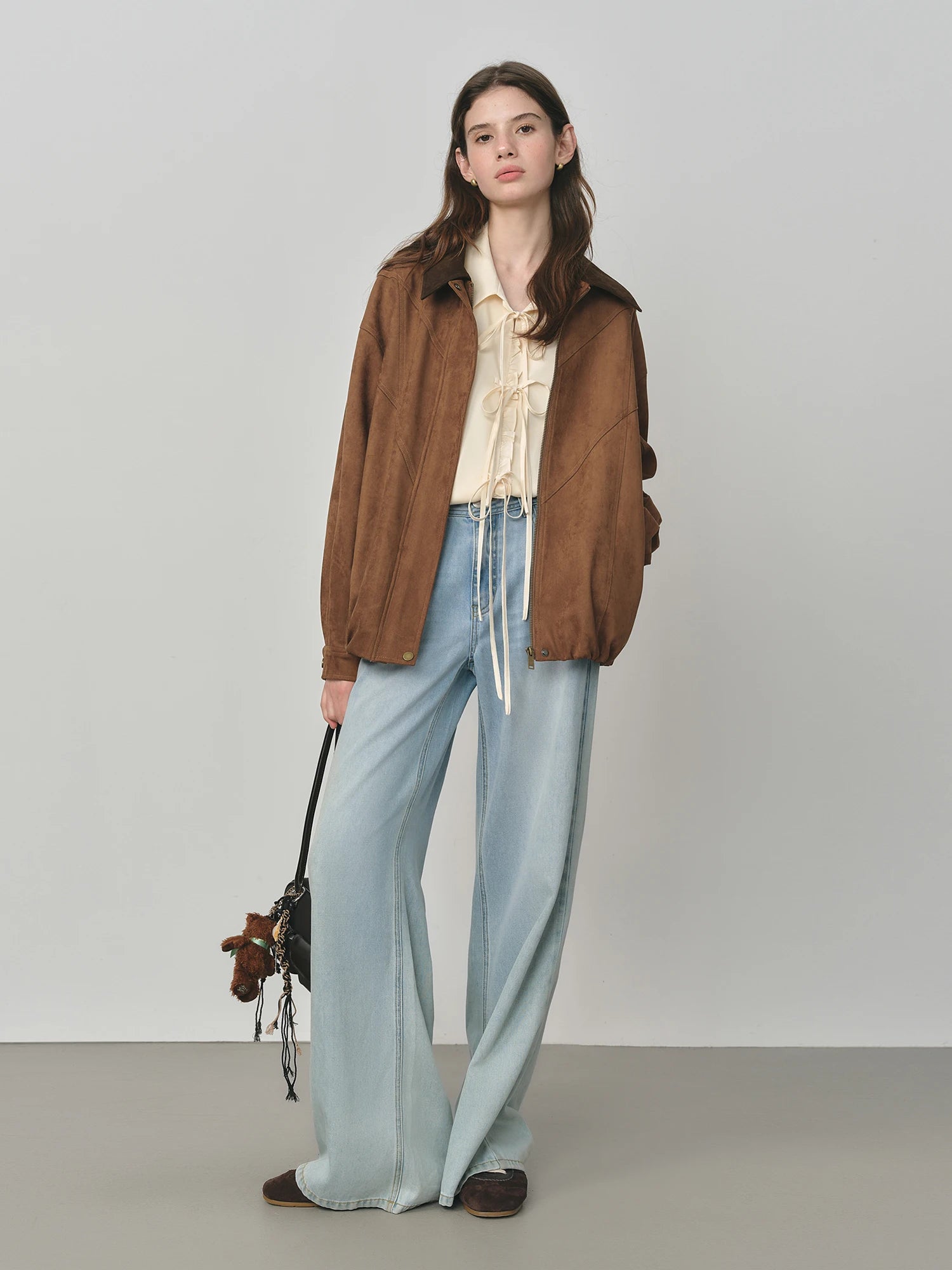 FSLE Retro Style Maillard Suede Long Sleeves Jacket for Women 2025 Autumn New Arrival Contrast Color Lapel Chic Coat 25FS13162