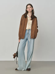 FSLE Retro Style Maillard Suede Long Sleeves Jacket for Women 2025 Autumn New Arrival Contrast Color Lapel Chic Coat 25FS13162