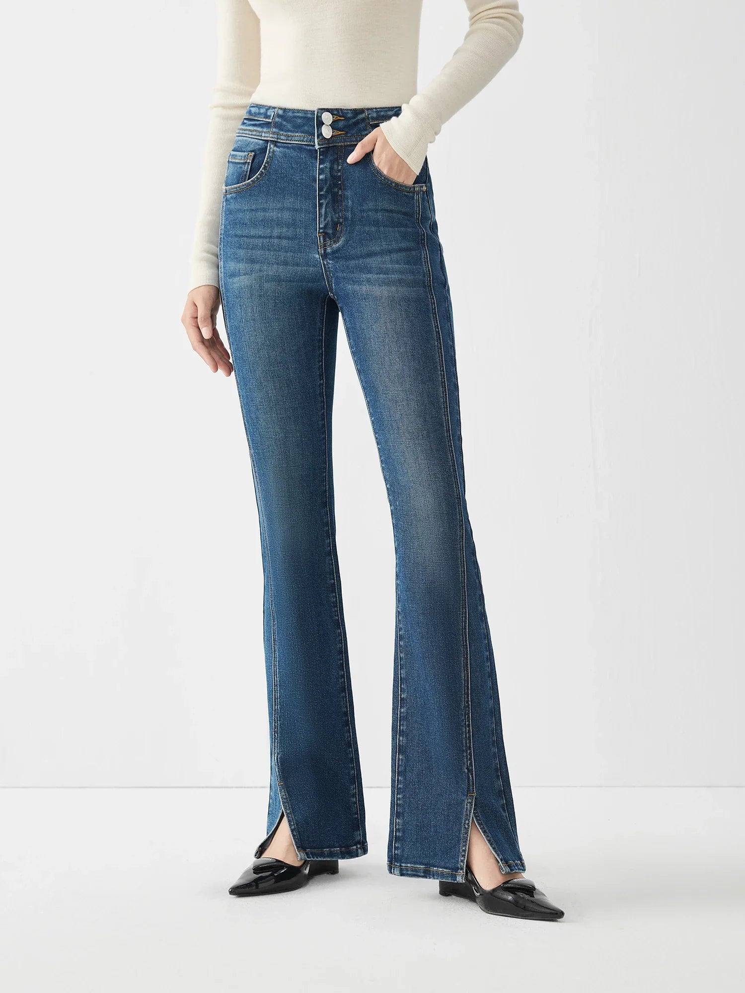 FSLE 69.4% Cotton High Waist Flared Pants for Women 2024 Winter New Design Style Split Versatile Jeans Chic Trouser 24FS14496