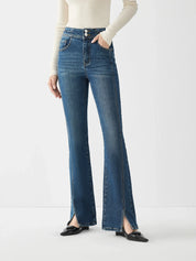 FSLE 69.4% Cotton High Waist Flared Pants for Women 2024 Winter New Design Style Split Versatile Jeans Chic Trouser 24FS14496