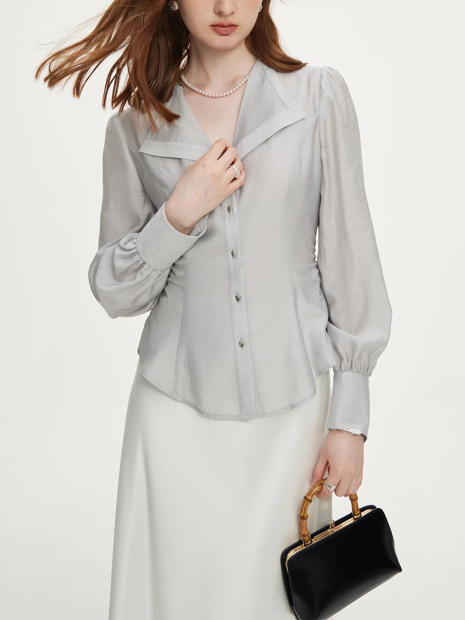 FSLE Acetate Elegant Versatile Casual Long-sleeved Shirt For Women 2024 Autumn New Unique Design V-neck Office Top 24FS13072