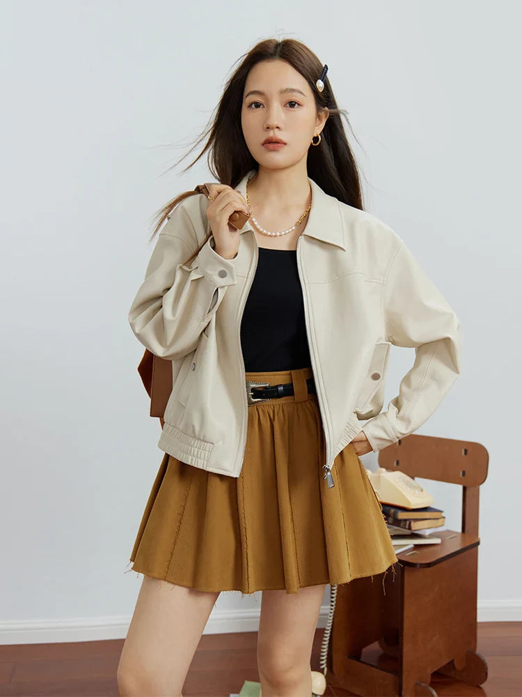DUSHU Classic Jacket Leather Coat Autumn 2023 New Slim Retro Hong Kong Style Lapel Casual Leather Coat Women Casual Loose Coats