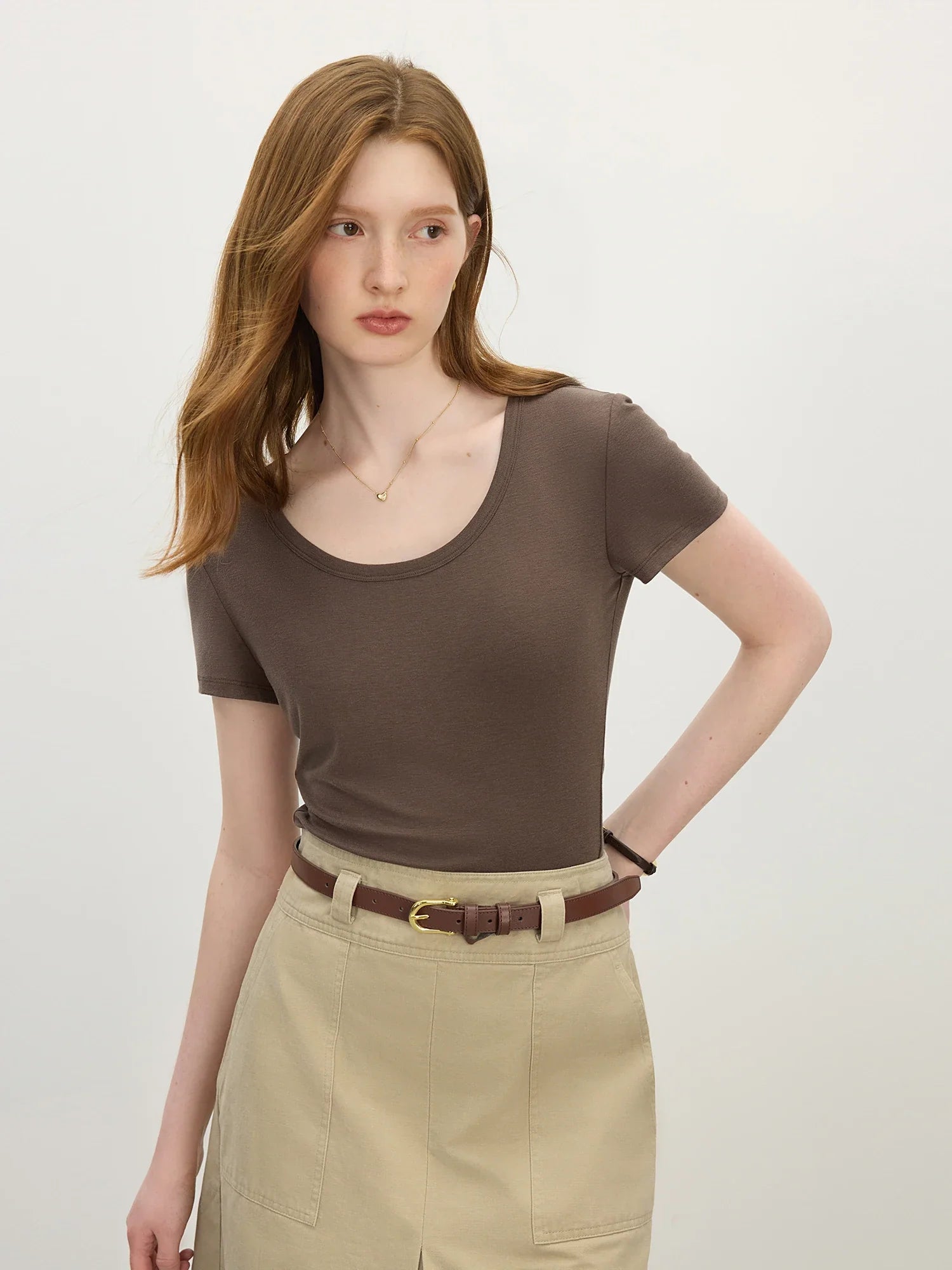 FSLE U-Neck Stretch Short Sleeve T-Shirt for Women - Summer 2025 New Arrival Soft & Relaxed Fit Versatile Top T-Shirt 25FS12552