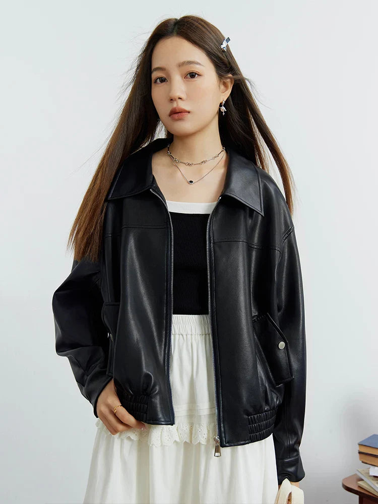 DUSHU Classic Jacket Leather Coat Autumn 2023 New Slim Retro Hong Kong Style Lapel Casual Leather Coat Women Casual Loose Coats