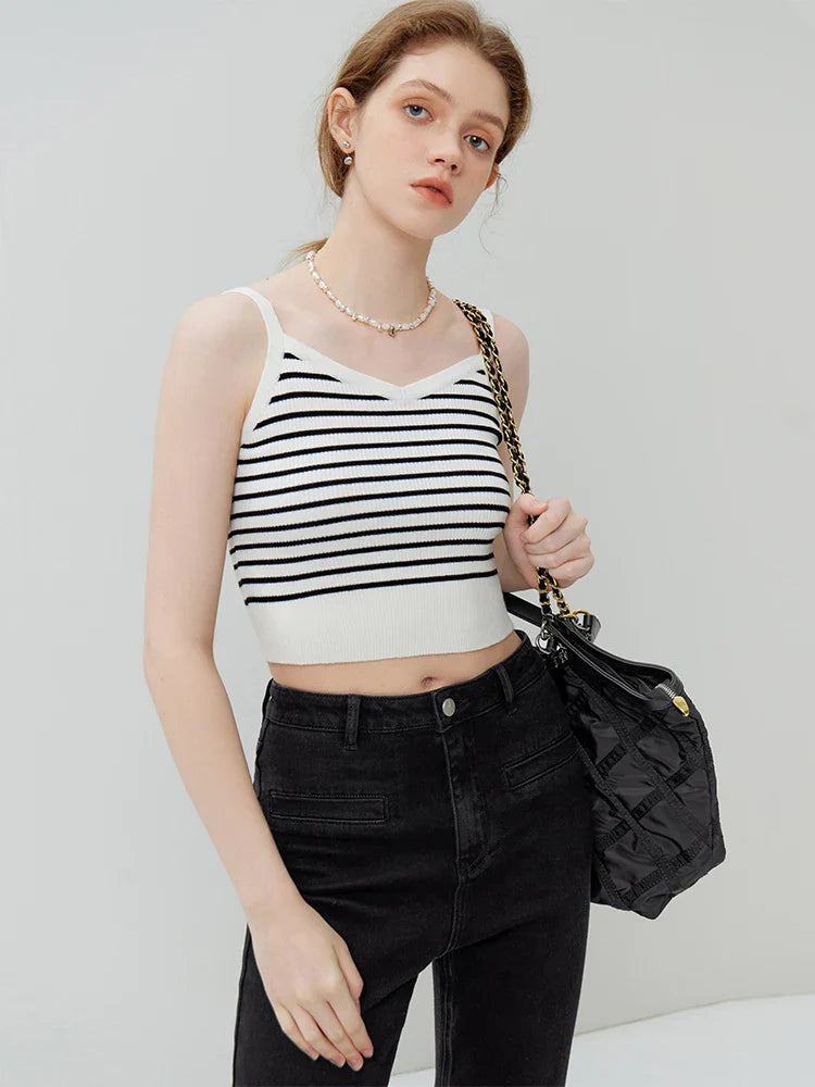 FSLE American Retro Style Striped Camisole for Women 2023 New Autumn Short Slim Casual Sleeveless Knitted Top Tank Female