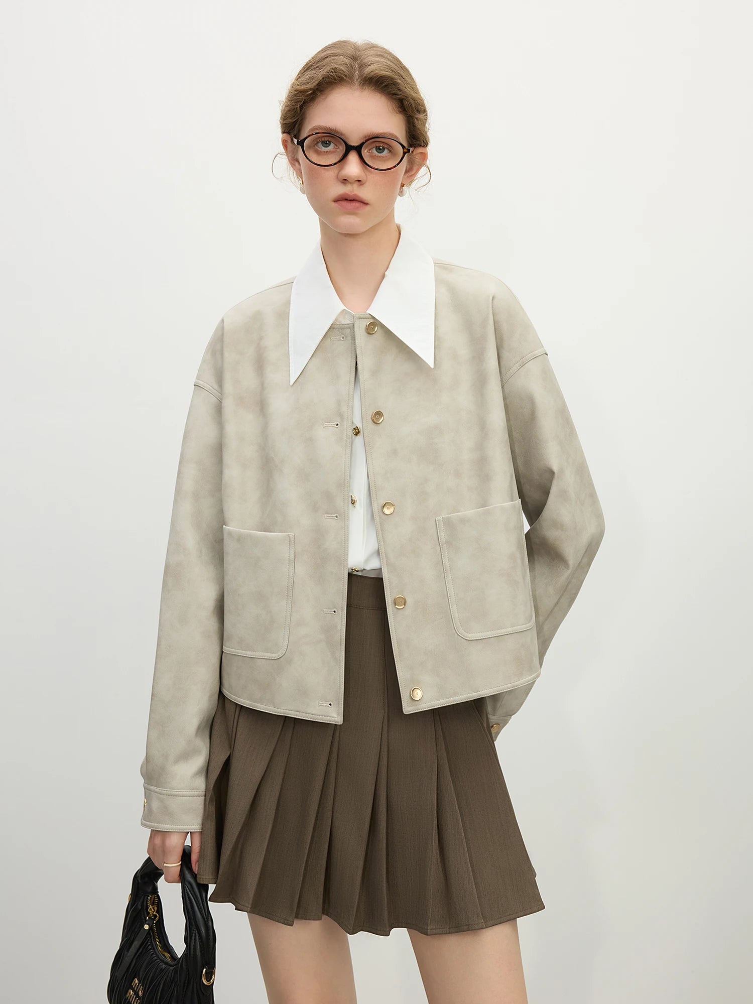 FSLE Women Spring PU Leather Short Jackets Casual Round Neck Drop Sleeve Coats 2025 Spring Grey Female Pu Coat 25FS11159