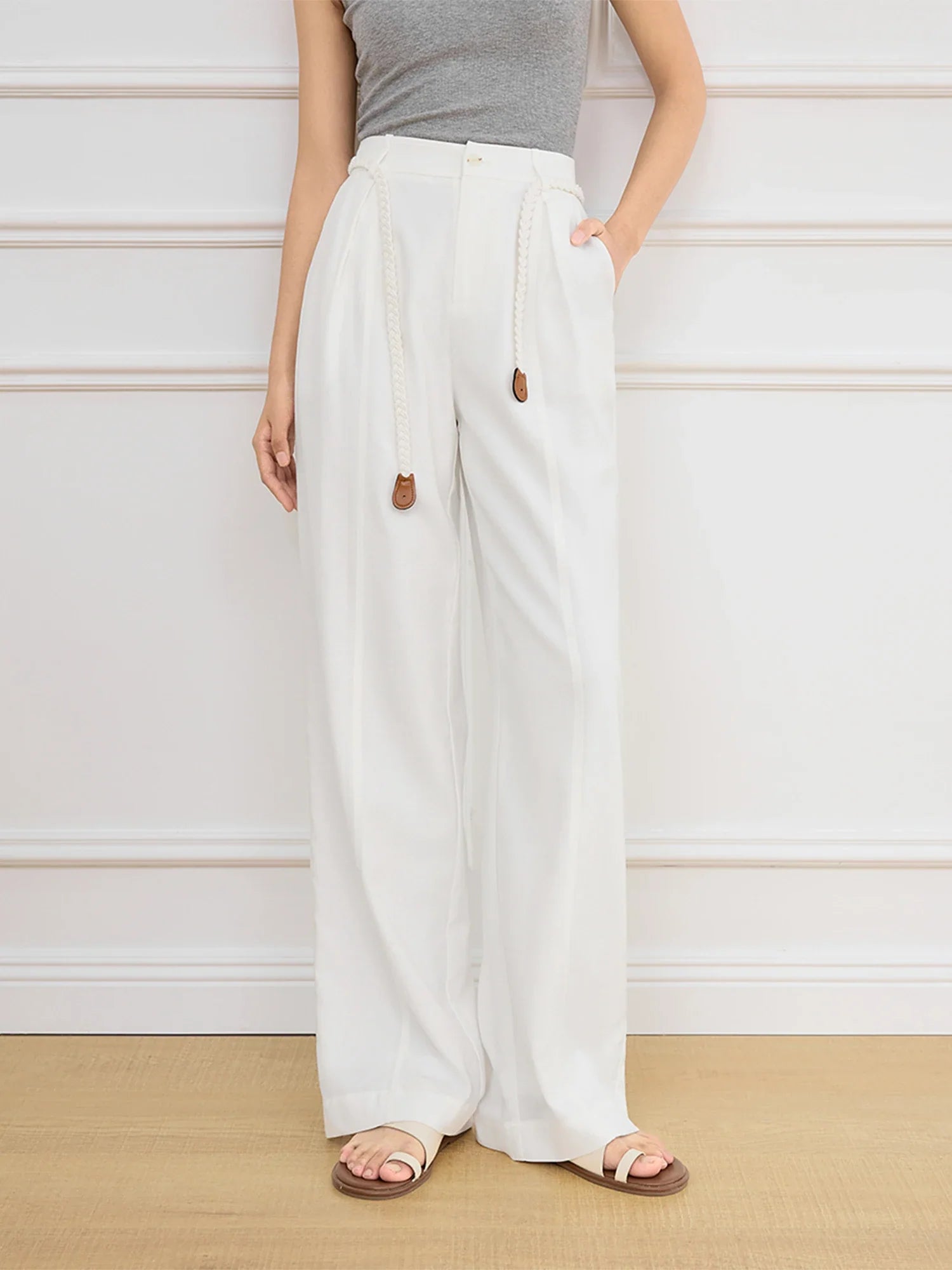 FSLE Women Beige Long Trouser 2025 Spring High Waist Casual Simple Wide Leg Trousers Sashes Design Female Pants 25FS11257