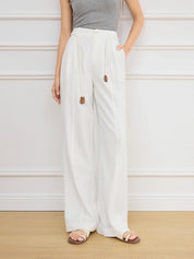 FSLE Women Beige Long Trouser 2025 Spring High Waist Casual Simple Wide Leg Trousers Sashes Design Female Pants 25FS11257