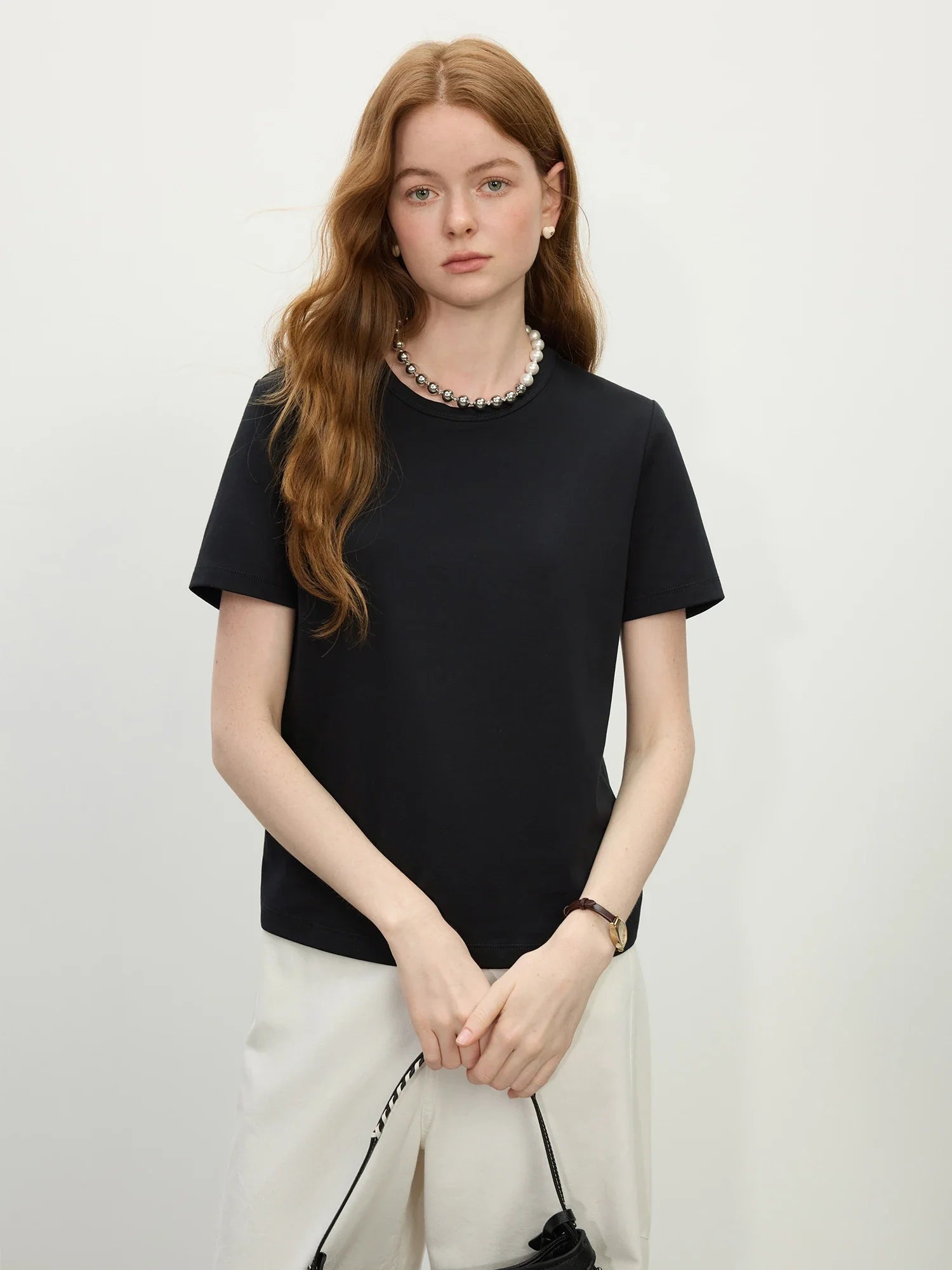 FSLE Straight Shoulder White T-shirt Women 2025 Spring New Style All-match Slim Short-sleeved T-shirt Bottoming Shirt 25FS11303