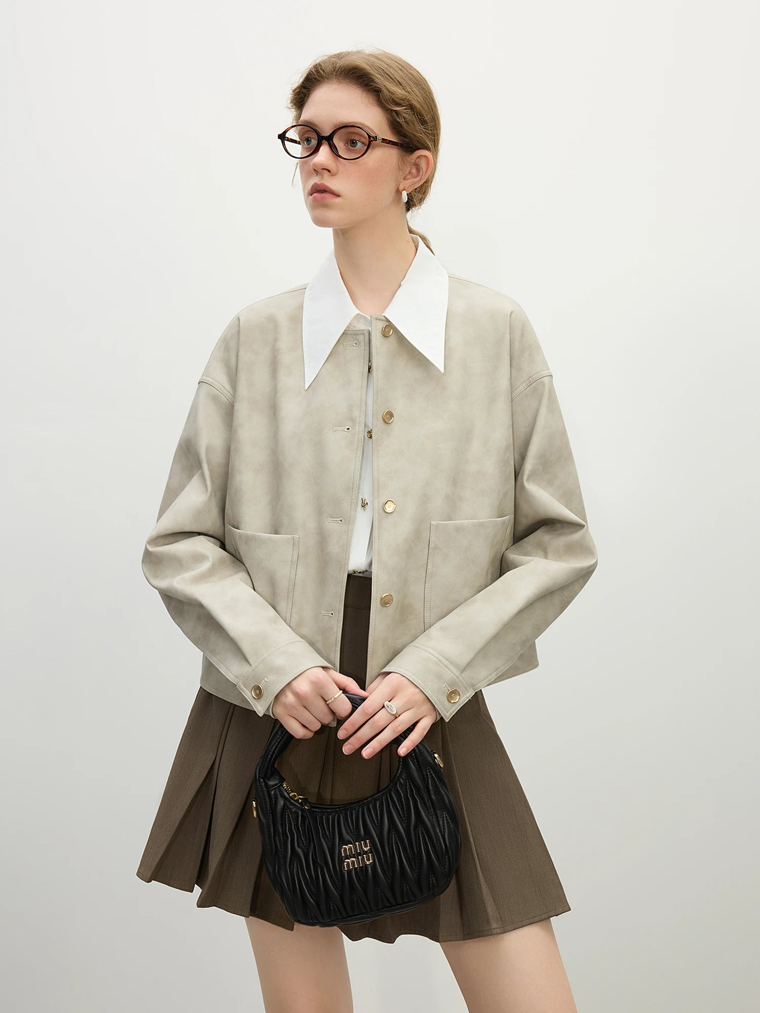 FSLE Women Spring PU Leather Short Jackets Casual Round Neck Drop Sleeve Coats 2025 Spring Grey Female Pu Coat 25FS11159
