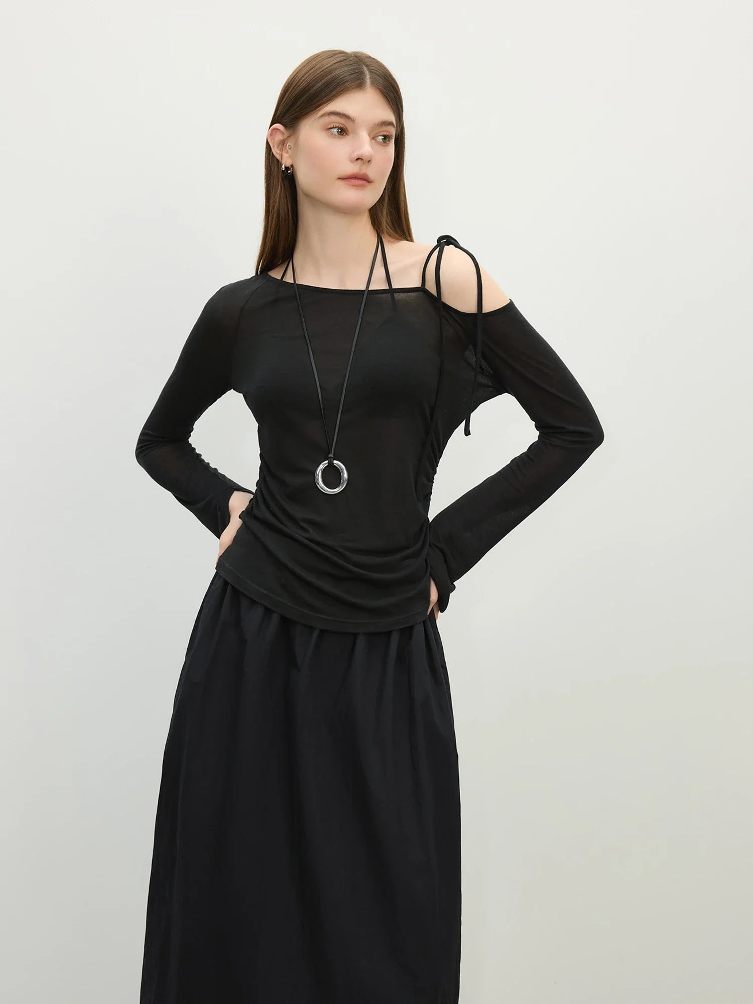 FSLE 2025 Summer Women's Off-Shoulder Top - Tencel-Acetate Linen Blend & Adjustable Tie for Sun Protection Chic Tee