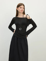 FSLE 2025 Summer Women's Off-Shoulder Top - Tencel-Acetate Linen Blend & Adjustable Tie for Sun Protection Chic Tee