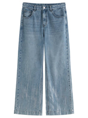 DUSHU 2025 Summer Plus-Size Galaxy Meteor Jeans High-Waist Silver-Embossed Wide-Leg Denim Pants Jeans 25DS82056