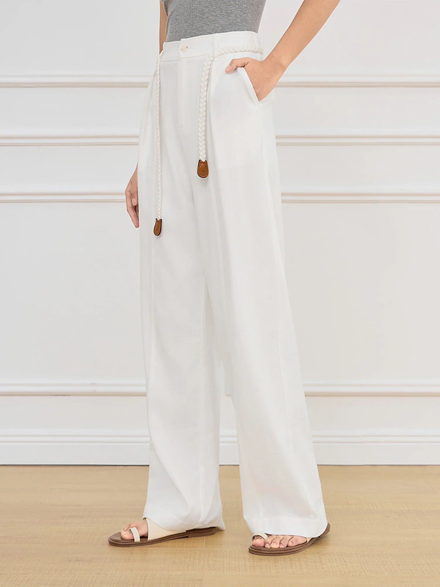 FSLE Women Beige Long Trouser 2025 Spring High Waist Casual Simple Wide Leg Trousers Sashes Design Female Pants 25FS11257