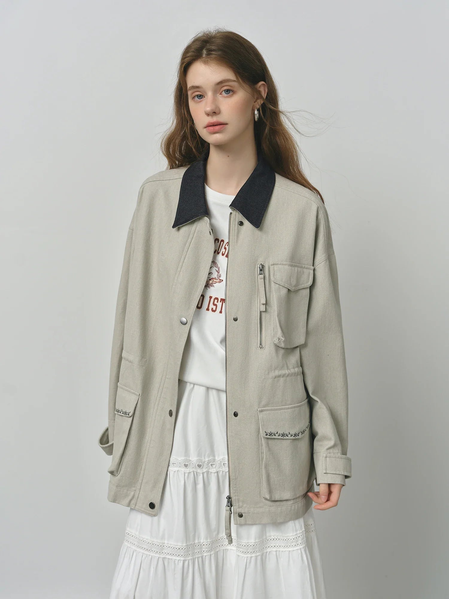 ​FSLE 2025 Women's Vintage Utility Jacket - Short Cropped Contrast Collar Autumn Casual Coat with Retro Design & Relaxed Fit​