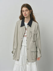 ​FSLE 2025 Women's Vintage Utility Jacket - Short Cropped Contrast Collar Autumn Casual Coat with Retro Design & Relaxed Fit​