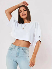Solid Color Women Cotton T-shirts Running Short T Shirt Yoga Fitness Crop Top Comfortable Fashion Tee Clothing Summer Tops