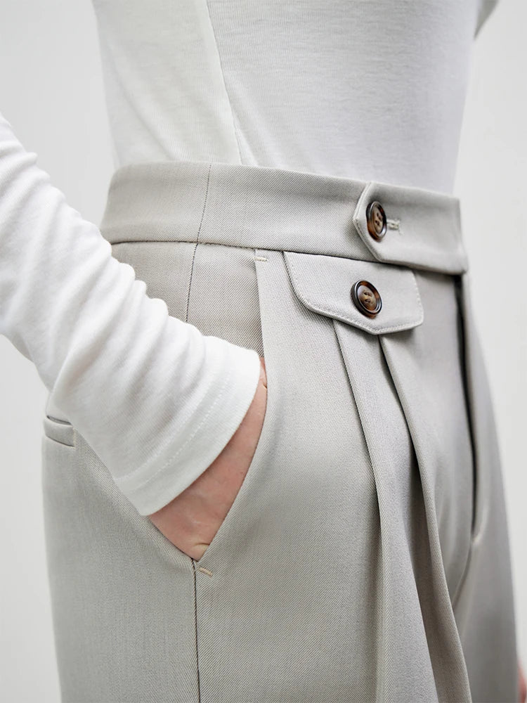 FSLE All-match Commuter Style Simple Sense Straight-leg Trousers for Women Waist Design Autumn New Inverted Pleated Pants Female