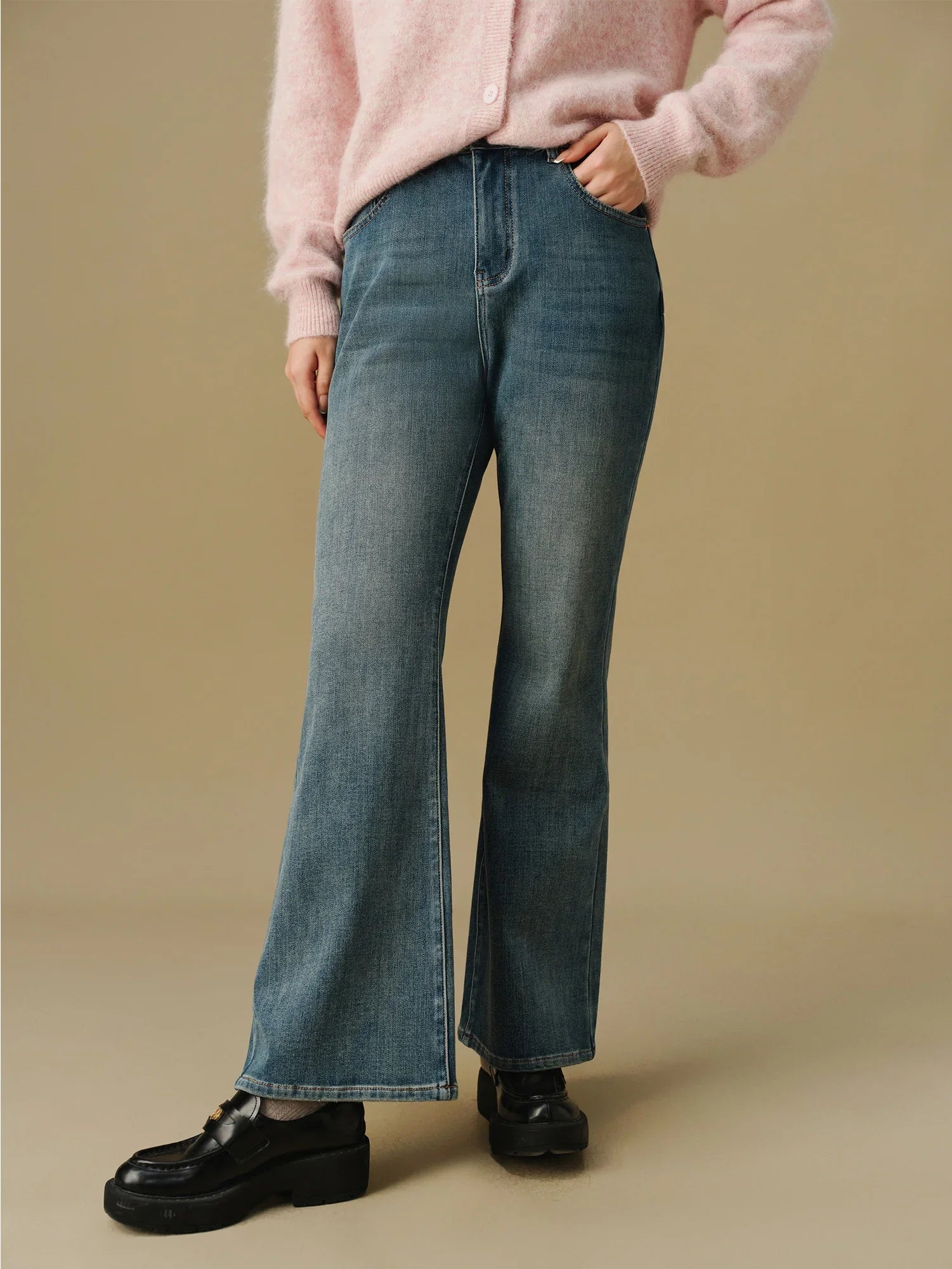 DUSHU Women Winter Thicken Jeans Plus Size 3XL Women Cotton Elastic Retro Denim Blue Pants Flared Cropped Jean 24DS84213