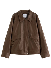 ​DUSHU Retro Edgy Vibe 2025 Women's Two-Tone Faux Leather Jacket - Vintage Inspired Cropped Biker Coat for Office Casual
